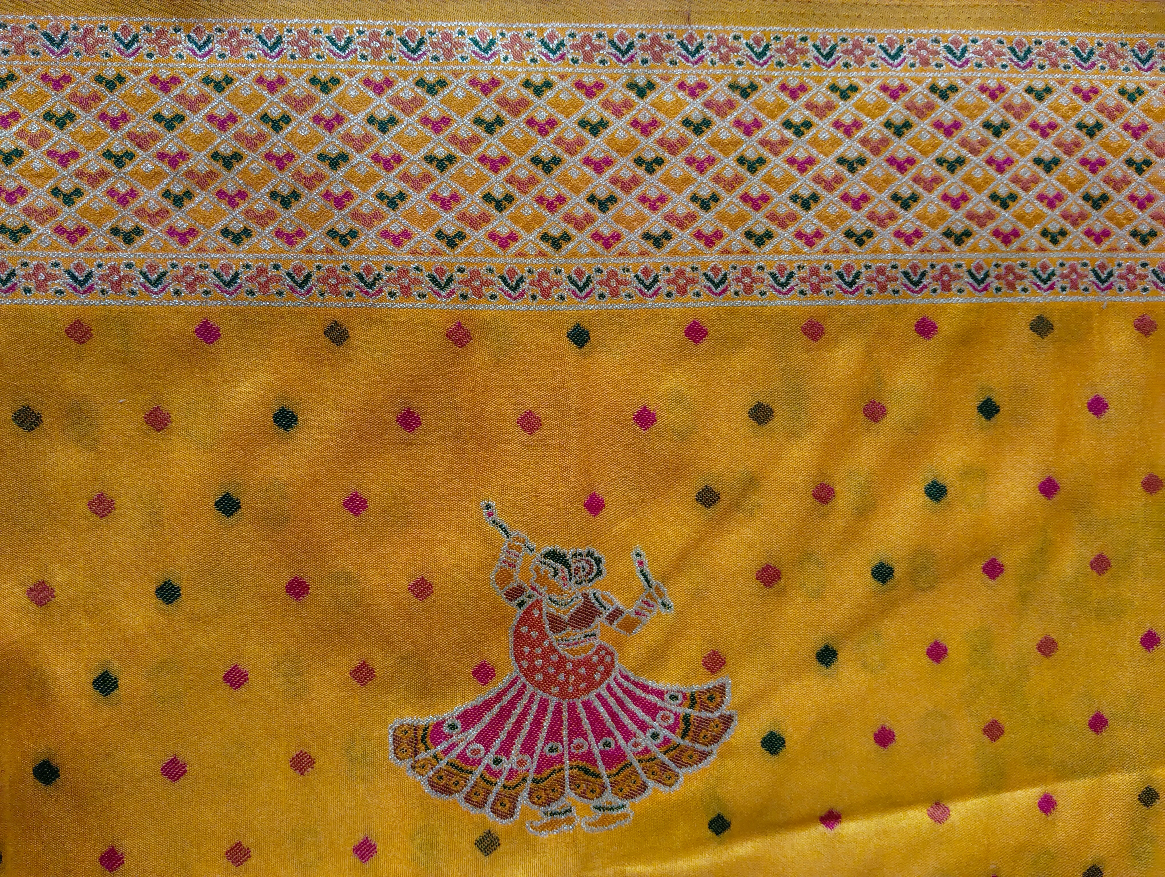 Position Silk Saree - Mustard Gold, peacock motif detail