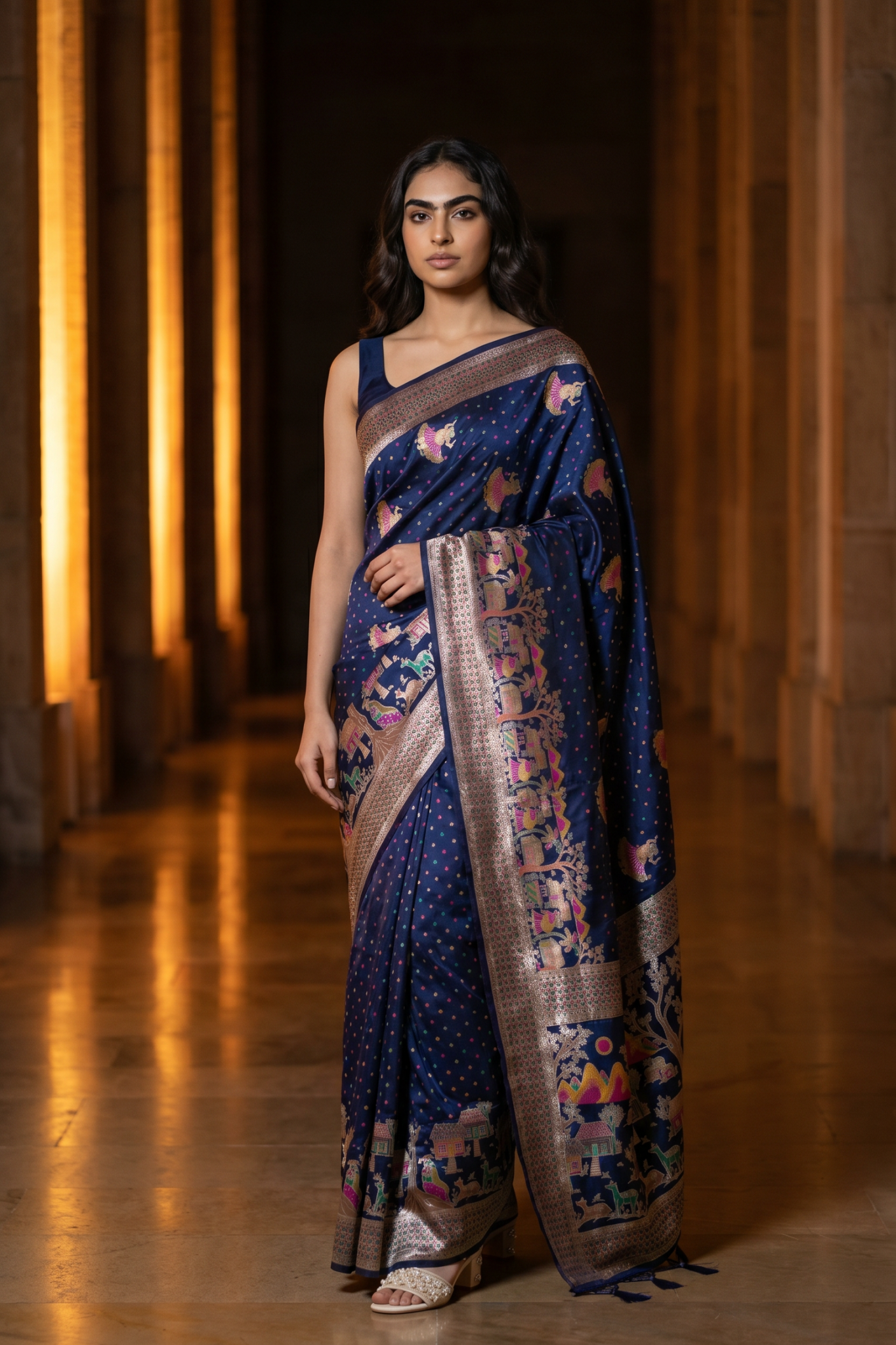 Position Silk Saree - Midnight Navy, styled drape