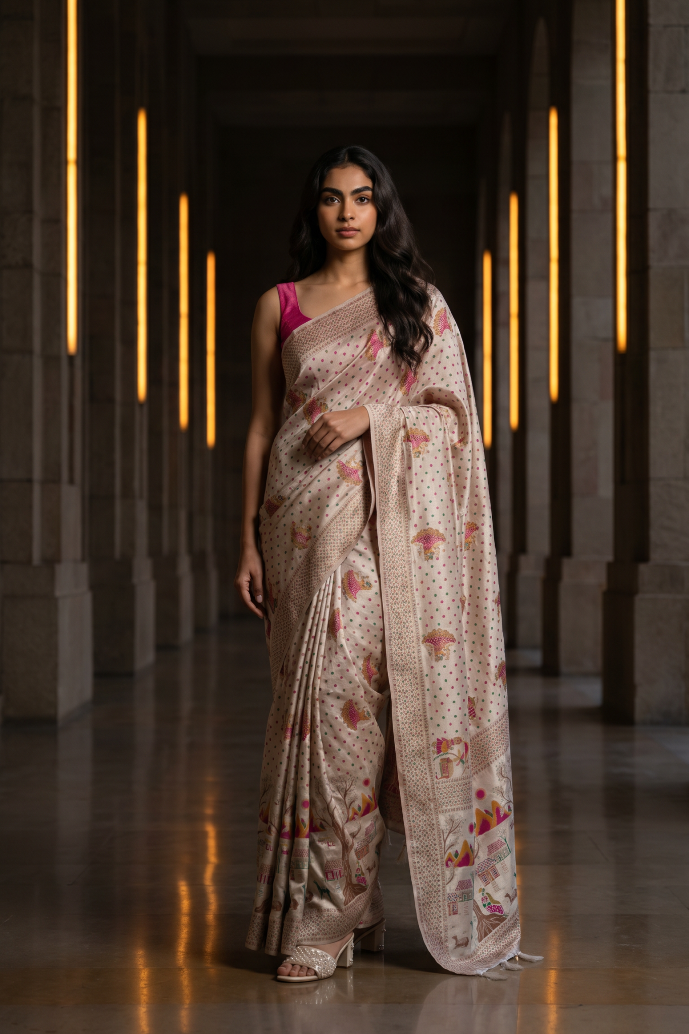 Position Silk Saree - Ivory Cream, styled drape