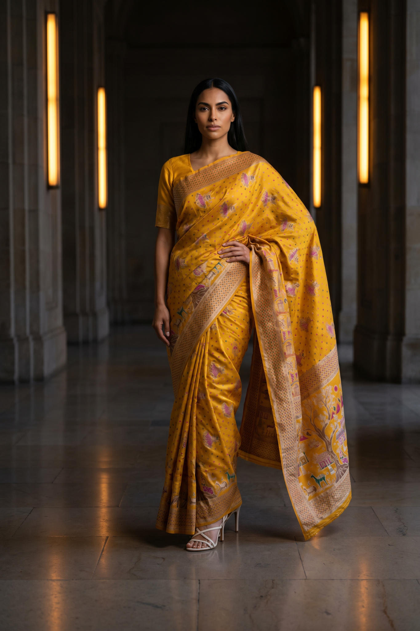 Position Silk Saree - Mustard Gold, styled drape