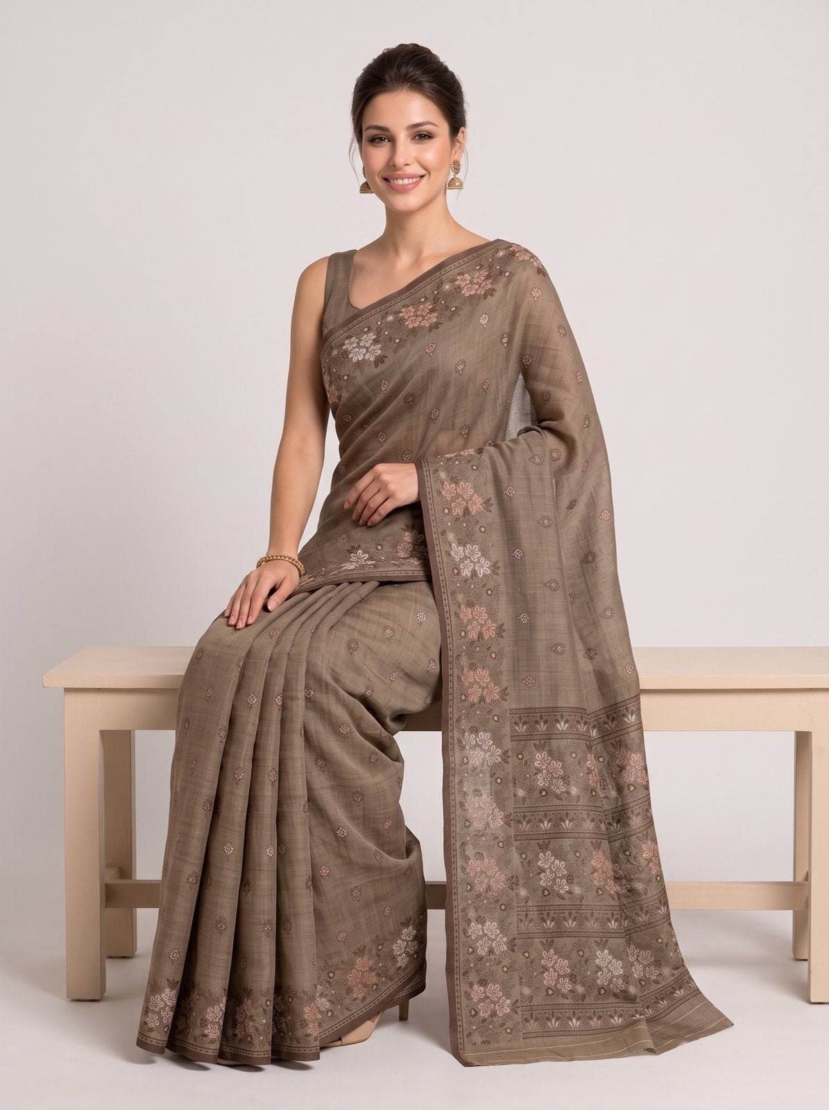 Heritage Cotton Woven Saree - Beige, model seated