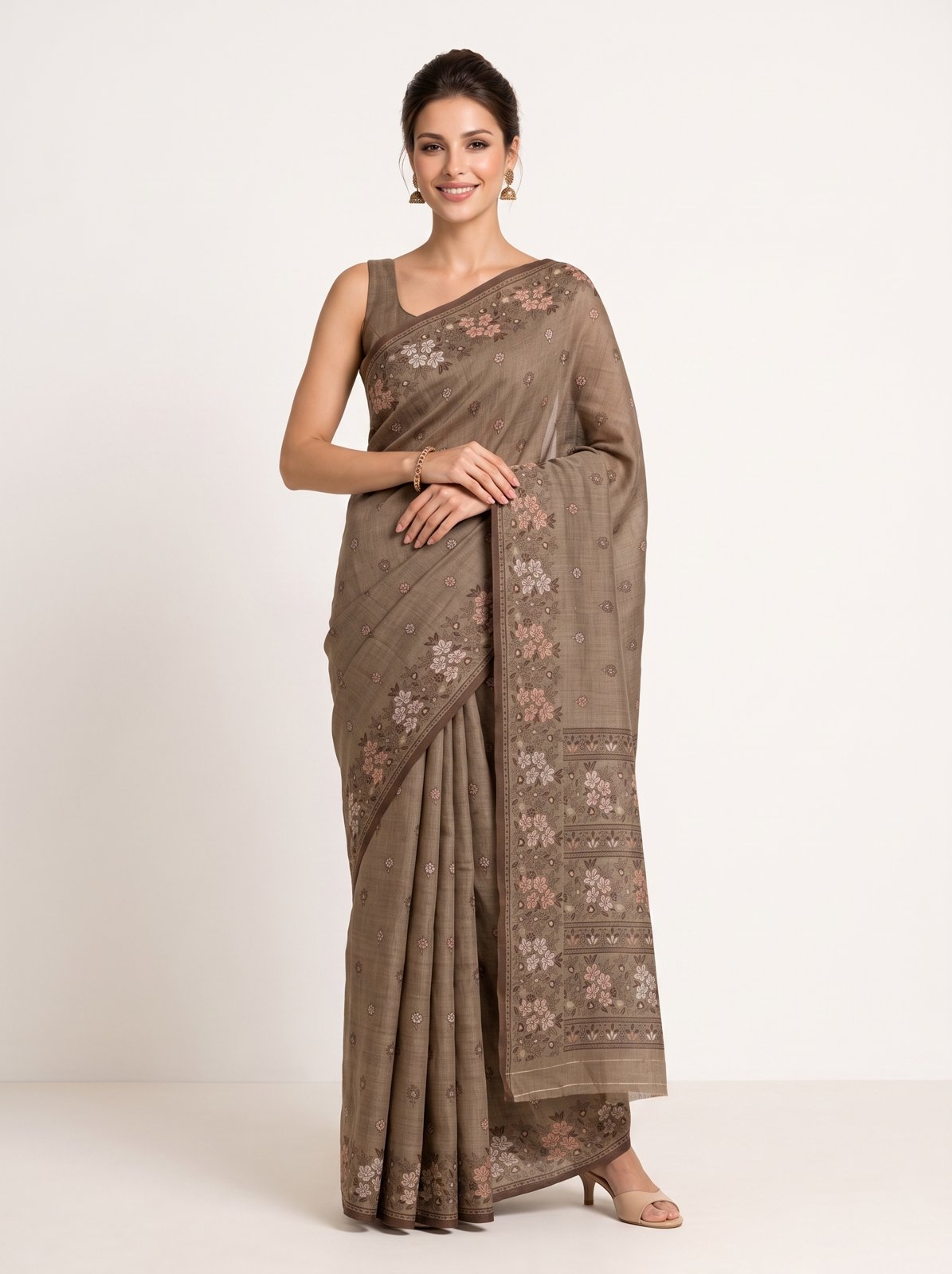 Heritage Cotton Woven Saree - Beige, model standing