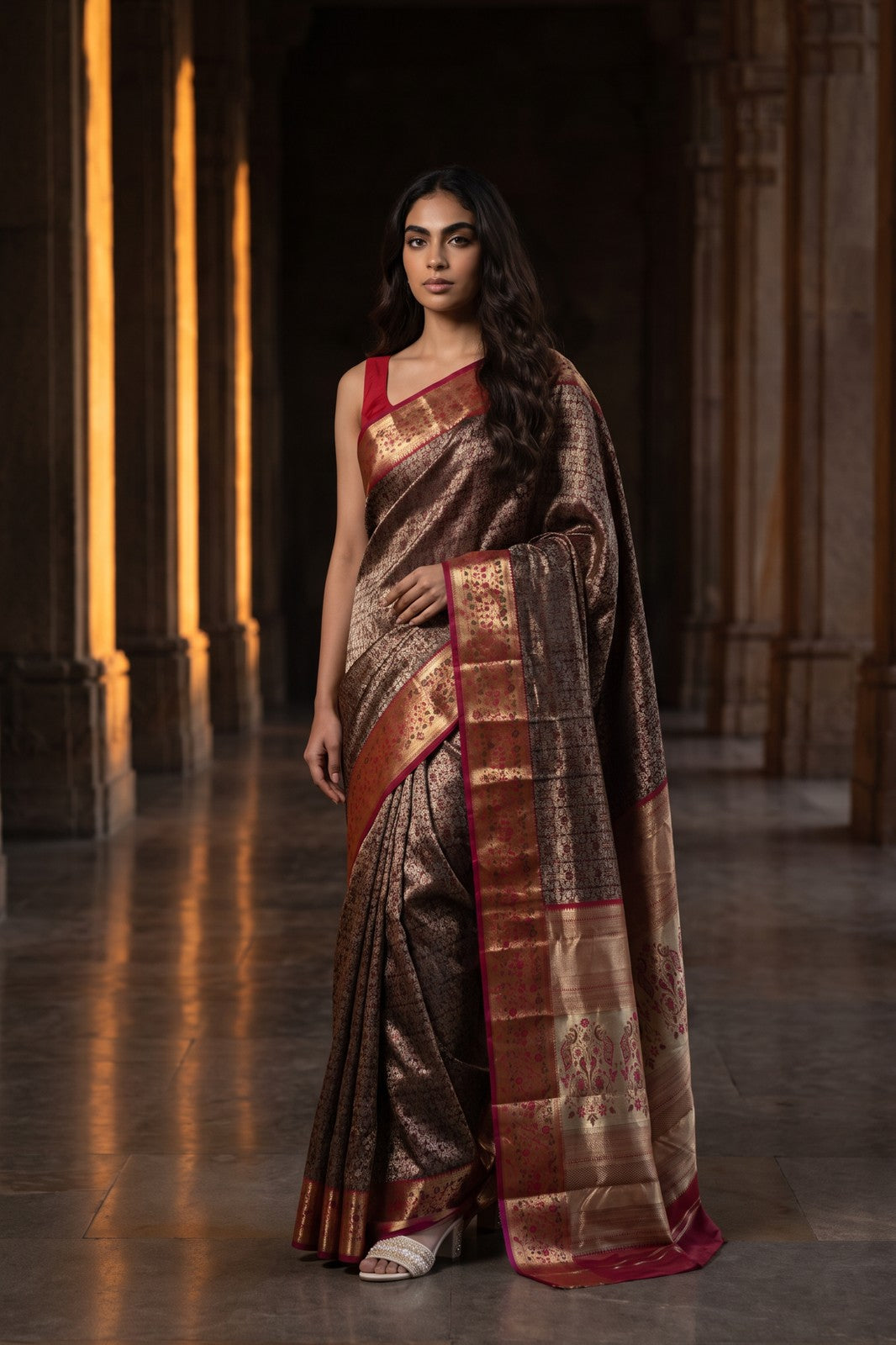 Floral Vine Kanjivaram-Paithani Style Saree - Chocolate Brown, on-model shot
