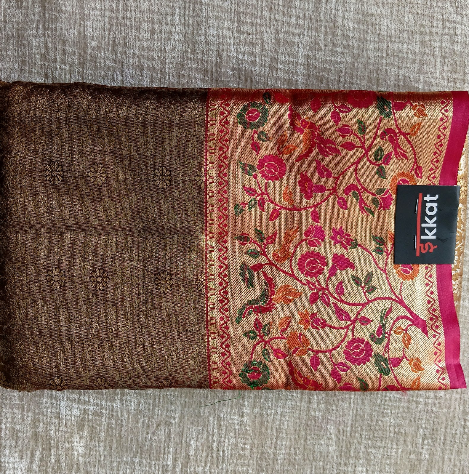 Floral Vine Kanjivaram-Paithani Style Saree - Chocolate Brown, full view