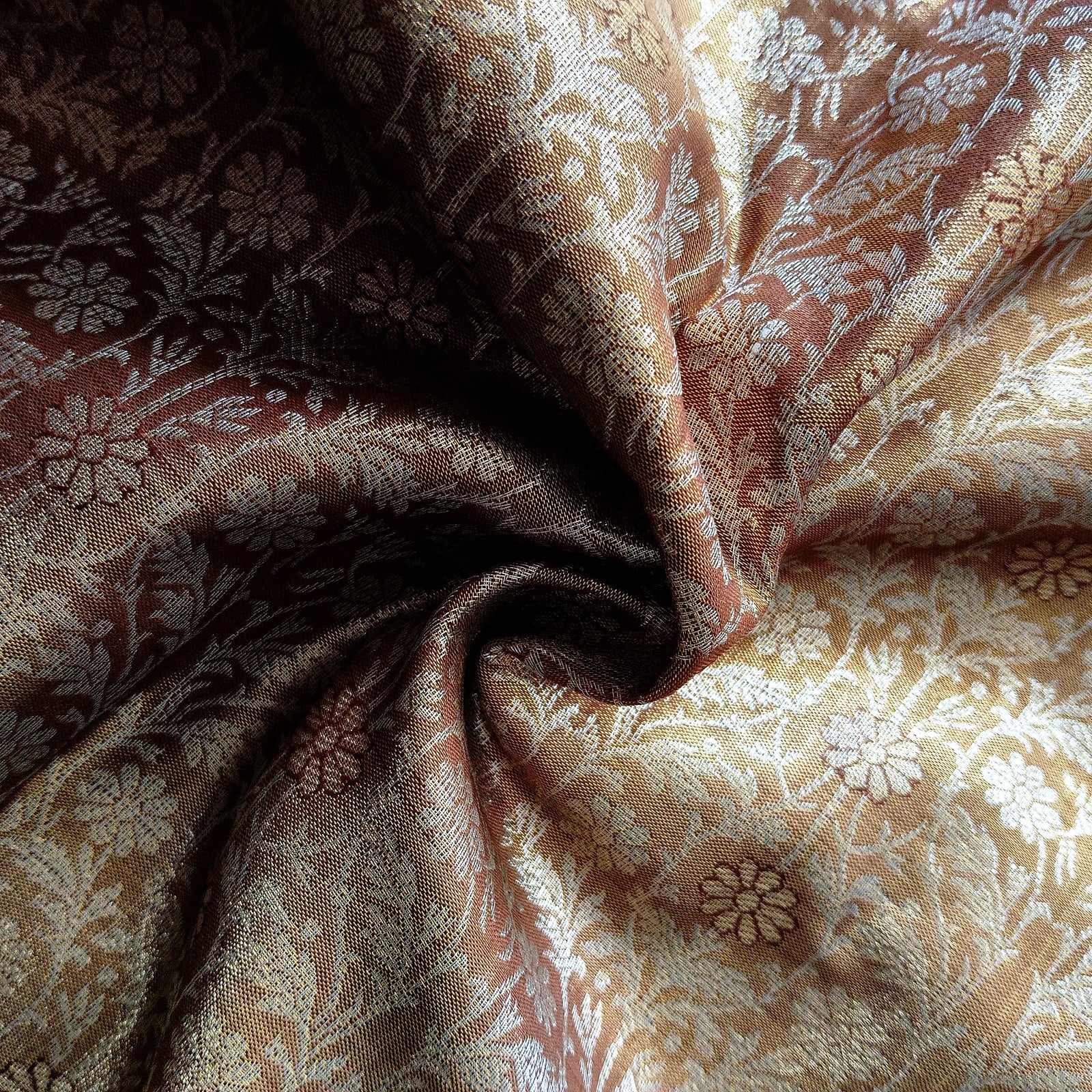 Floral Vine Kanjivaram-Paithani Style Saree - Chocolate Brown, fabric texture