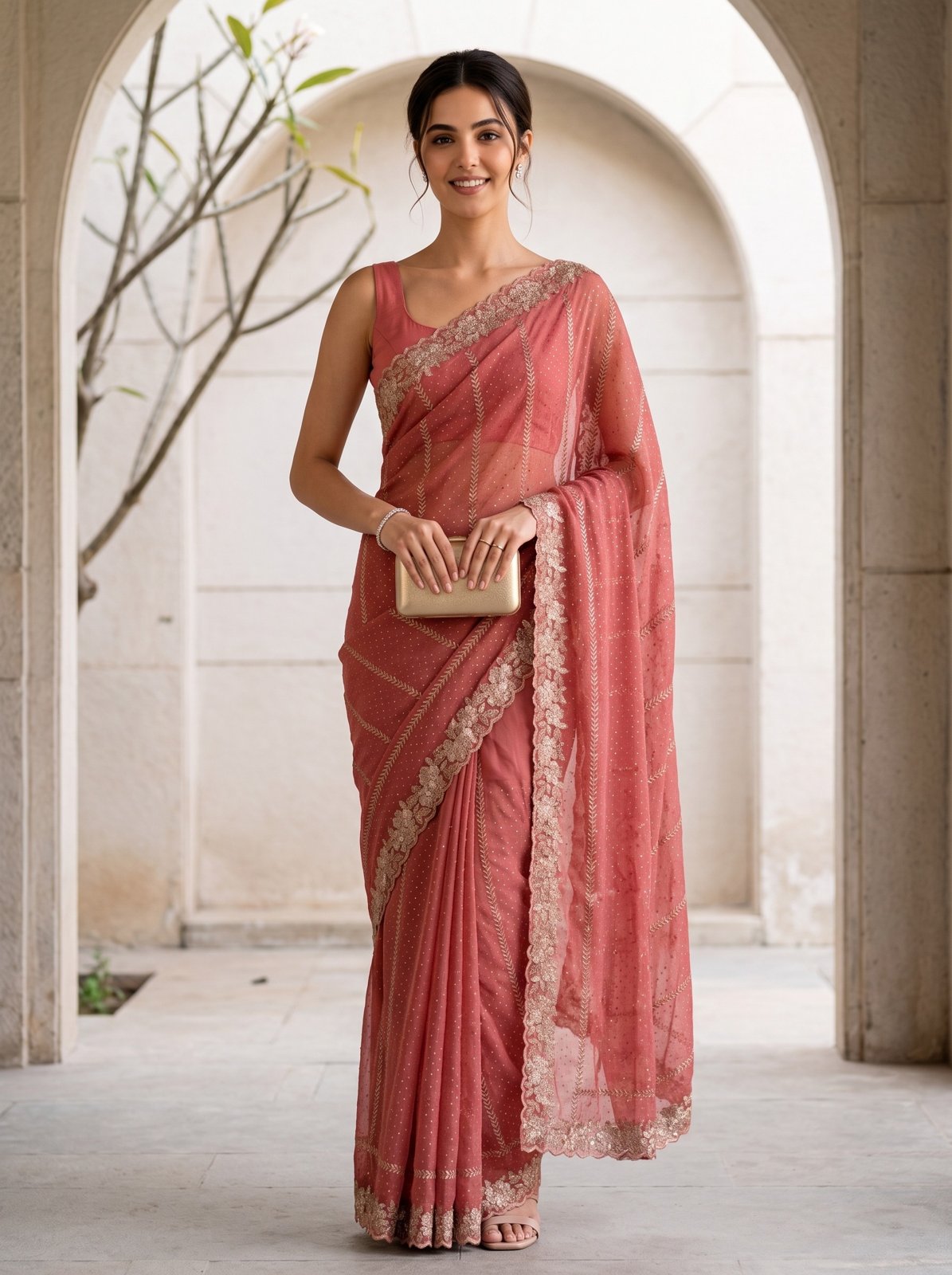 Soft Shimmer Crape Saree - Coral, model