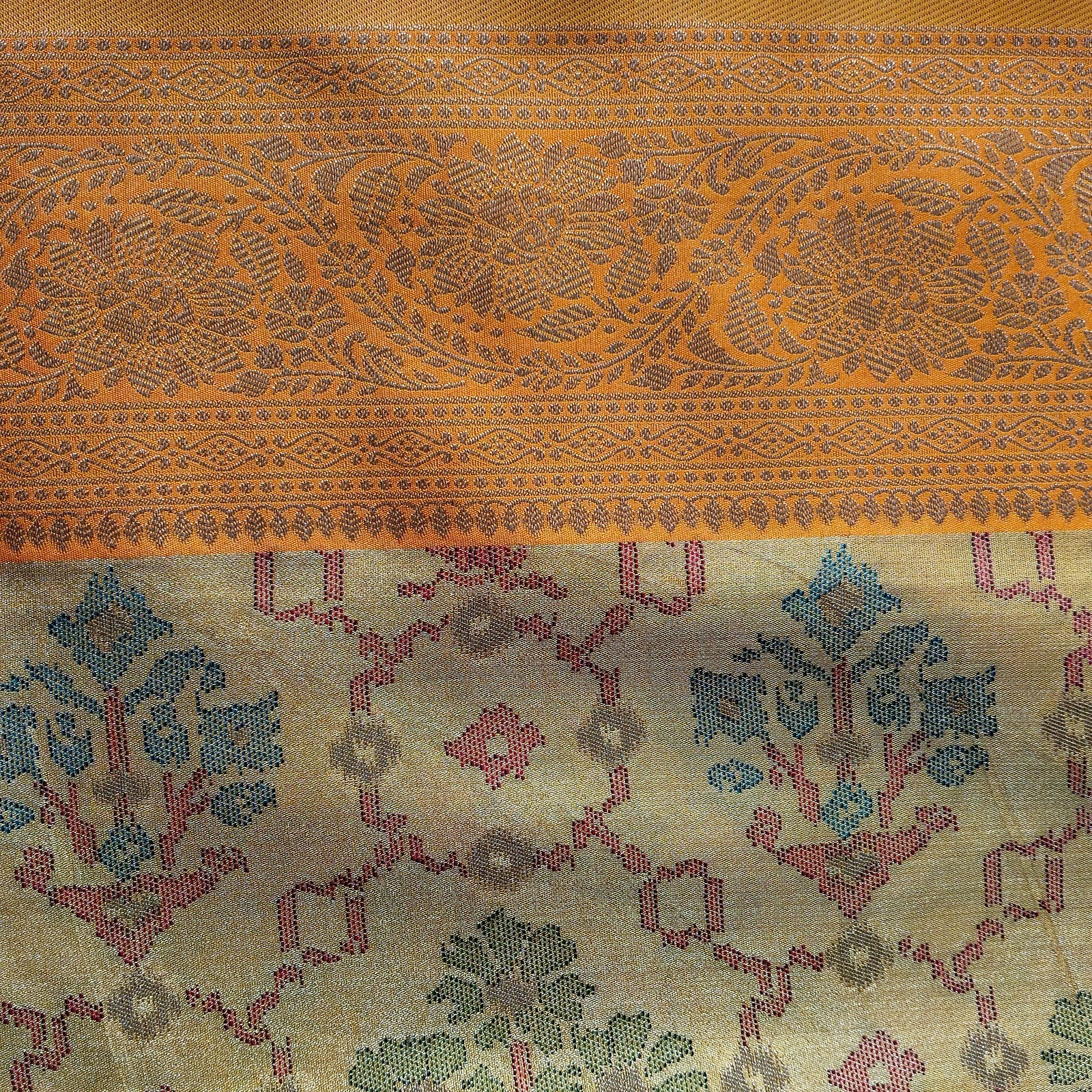 Floral Kanjivaram-Style Jaal Saree - Golden Mustard, border detail