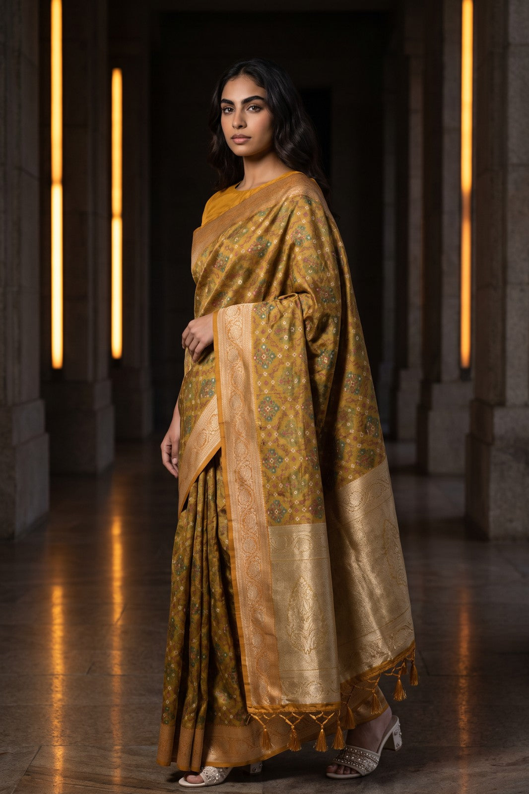 Floral Kanjivaram-Style Jaal Saree - Golden Mustard, on-model shot