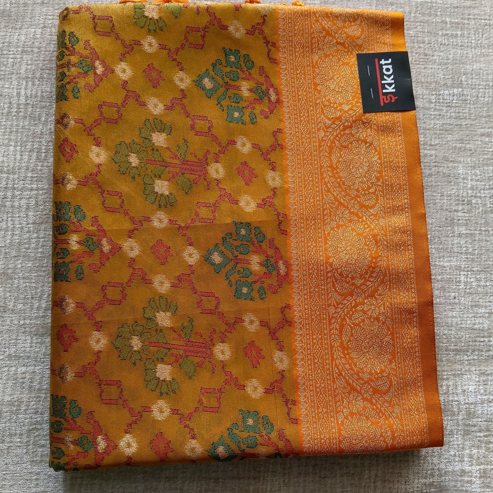 Floral Kanjivaram-Style Jaal Saree - Golden Mustard, full view