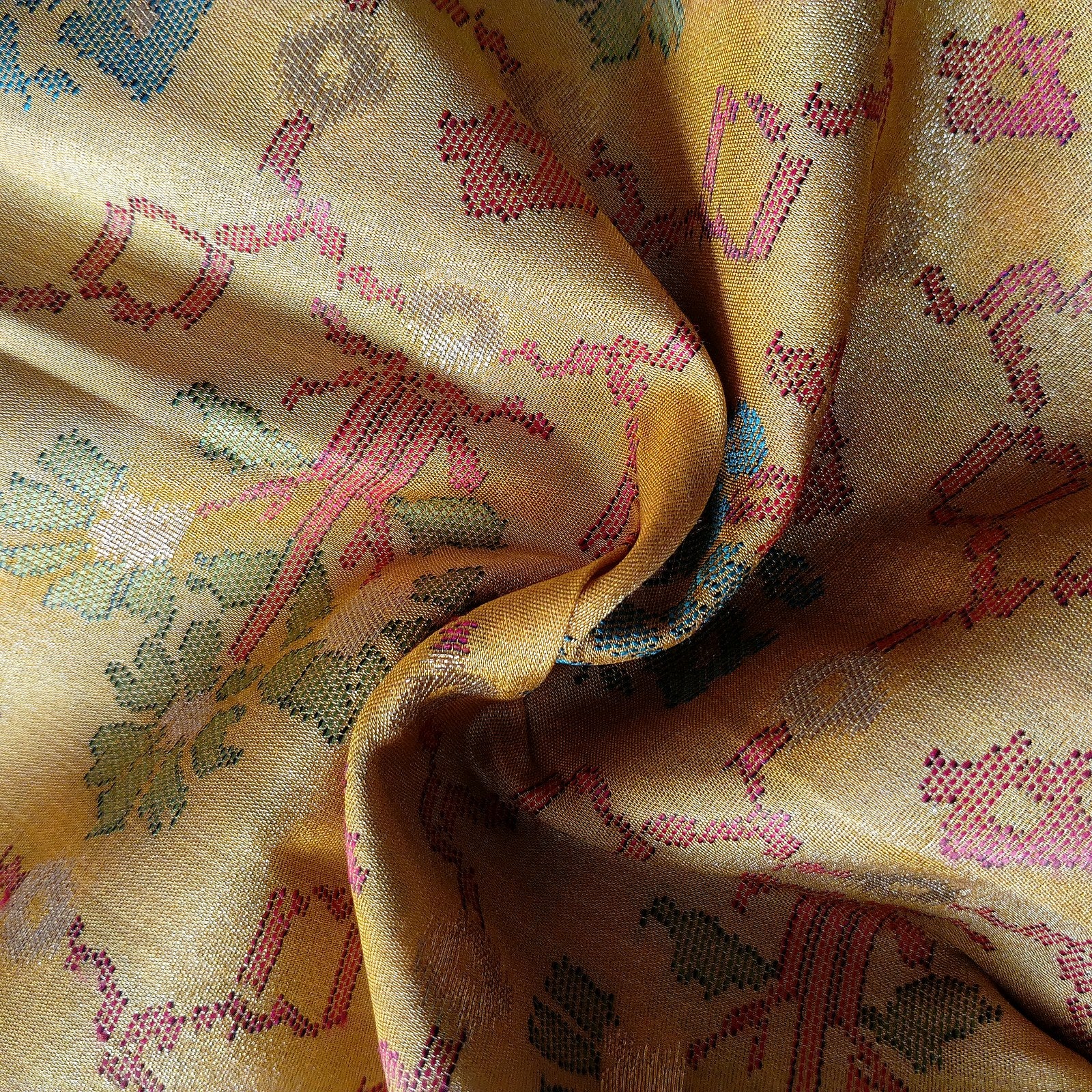 Floral Kanjivaram-Style Jaal Saree - Golden Mustard, fabric texture
