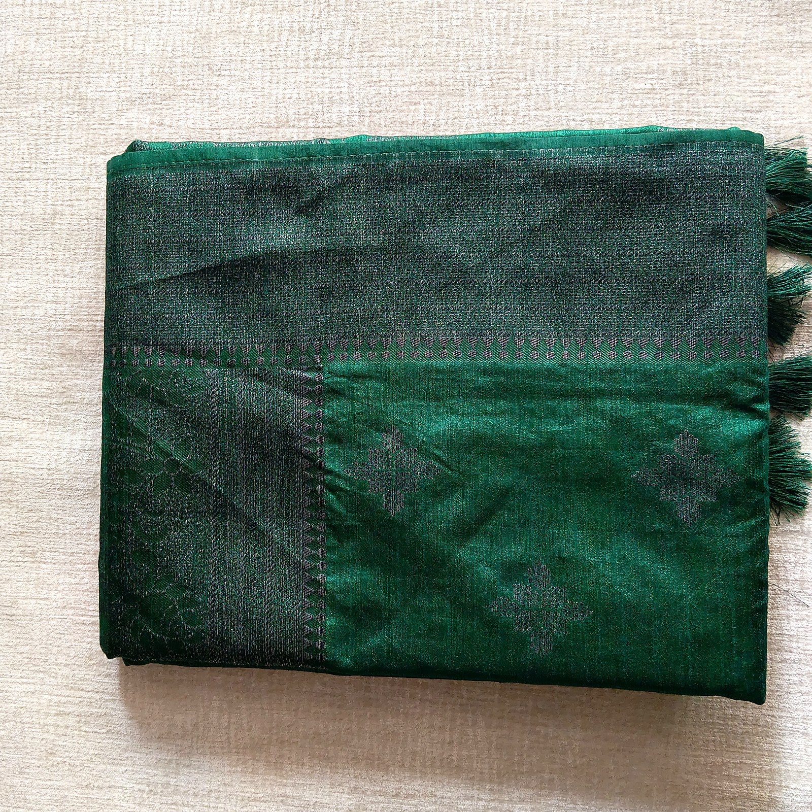 Tussar Jute Silk Saree - Bottle Green, zari border detail