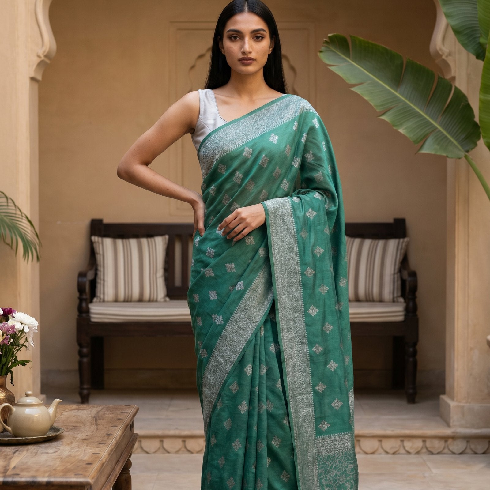 Tussar Jute Silk Saree - Bottle Green, model shot