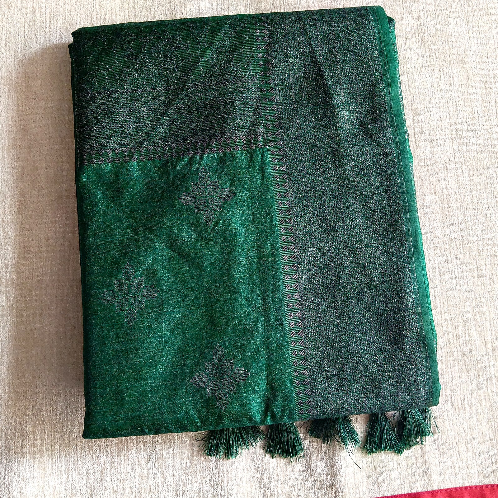 Tussar Jute Silk Saree - Bottle Green, full drape