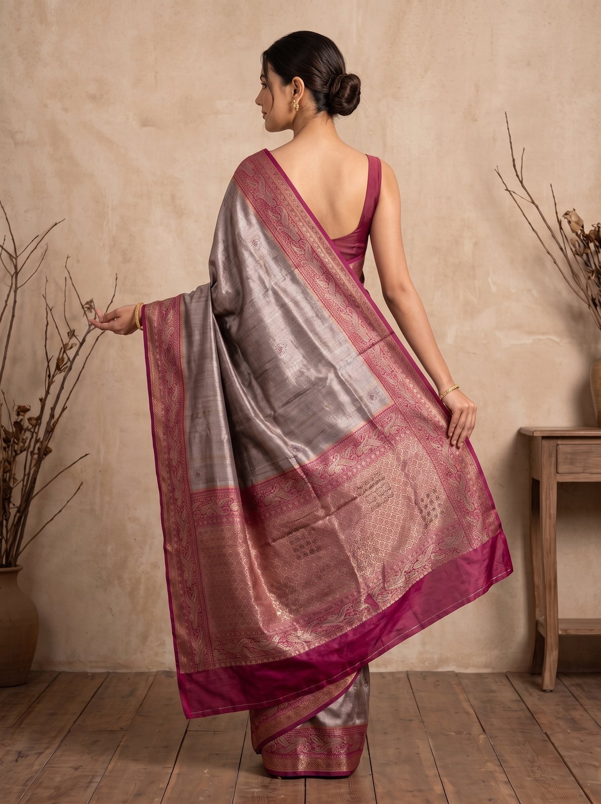 Swarna Mehfil Saree - Taupe Grey, back with pallu