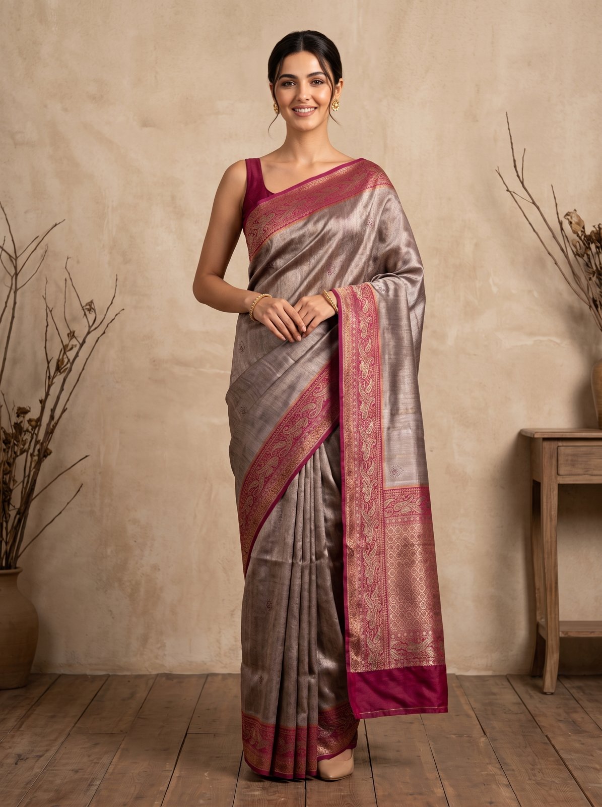 Swarna Mehfil Saree - Taupe Grey, front