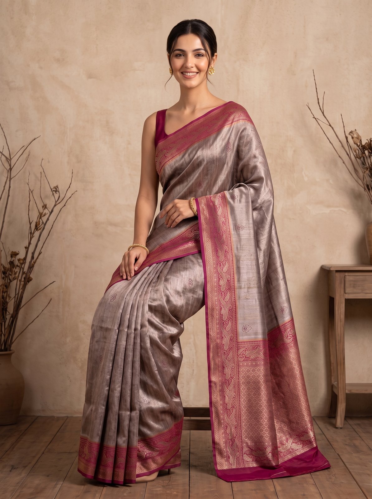 Swarna Mehfil Saree - Taupe Grey, seated