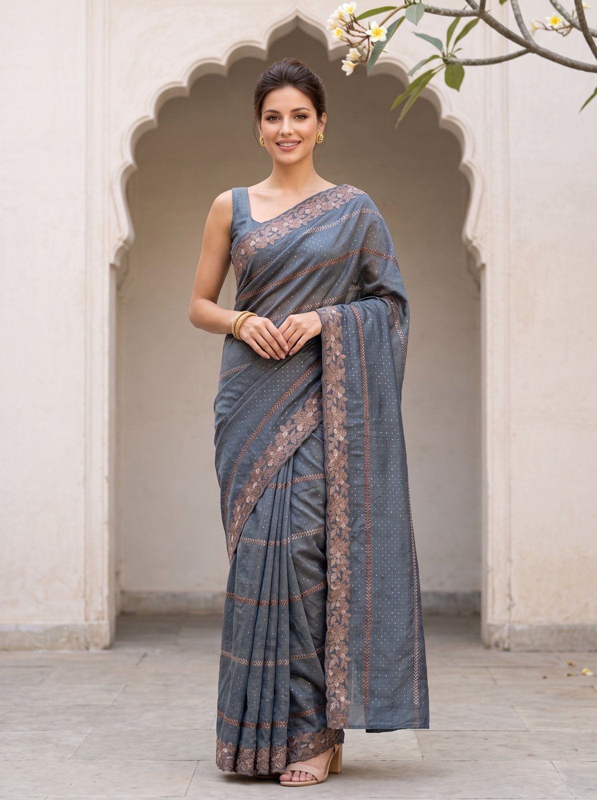 Soft Shimmer Crape Saree - Grey-Blue, model