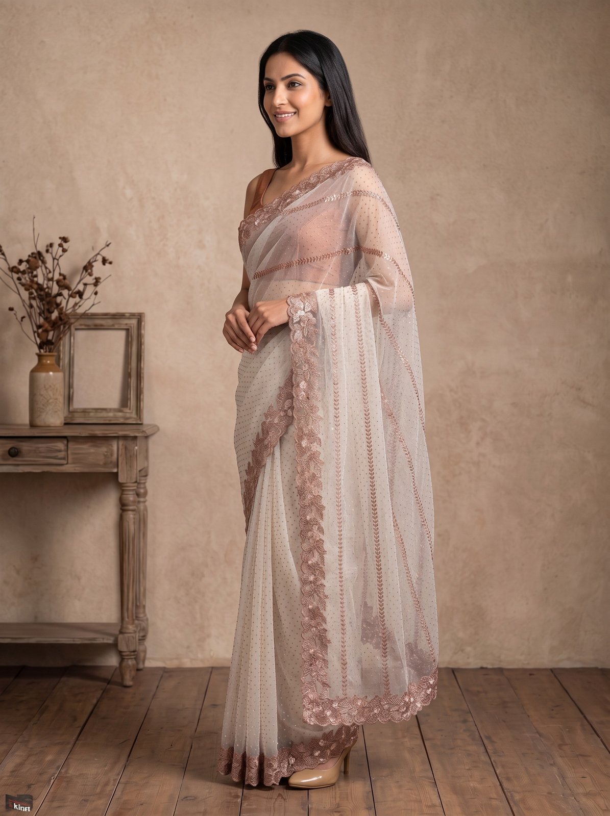 Soft Shimmer Crape Saree - Ivory, model