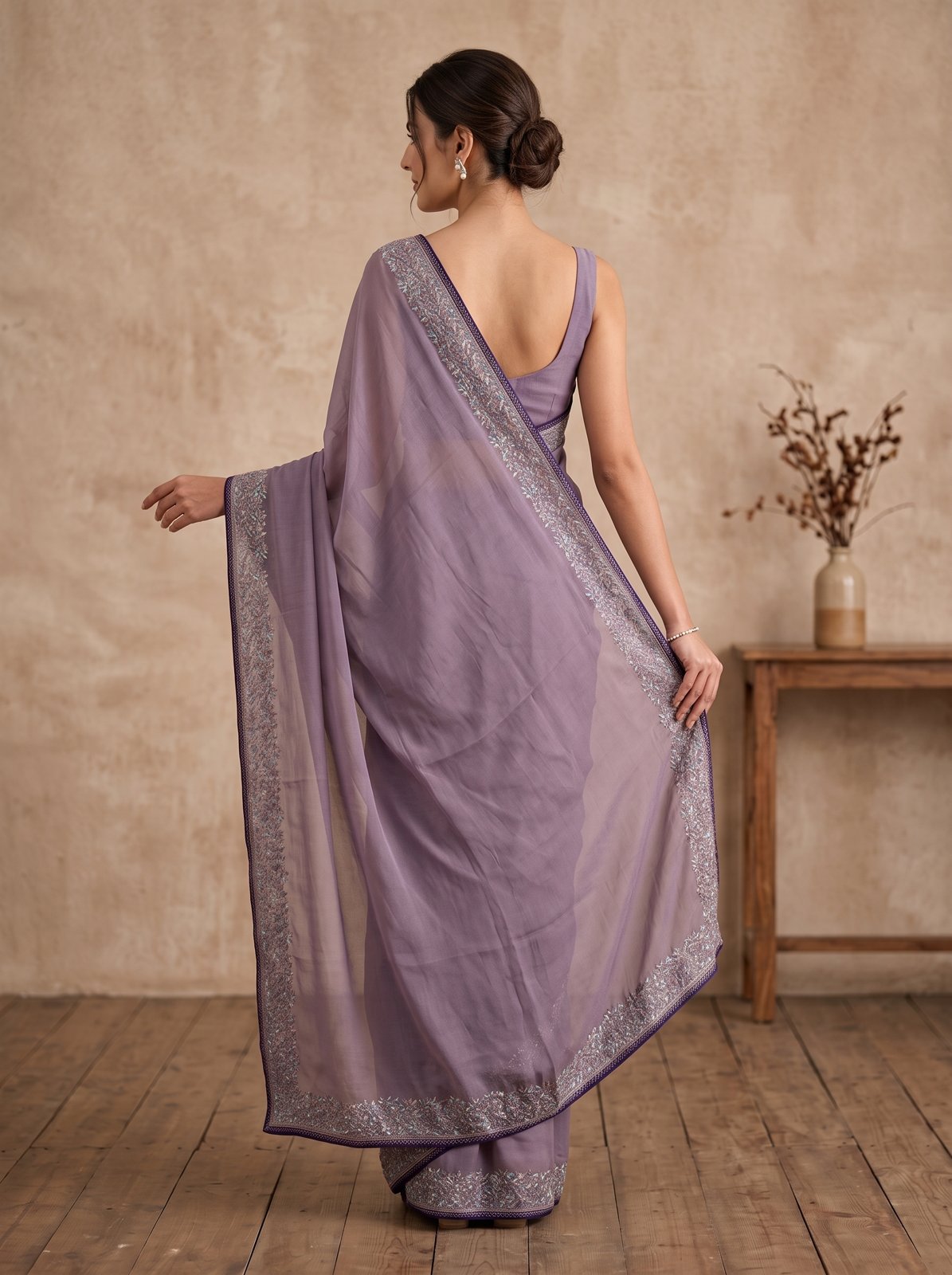 Multicolor Resham Embroidery Saree - Lavender, back with pallu
