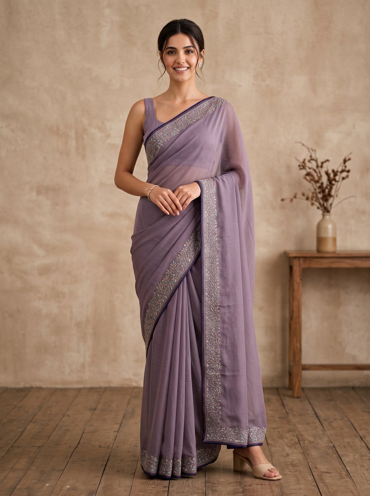 Multicolor Resham Embroidery Saree - Lavender, front