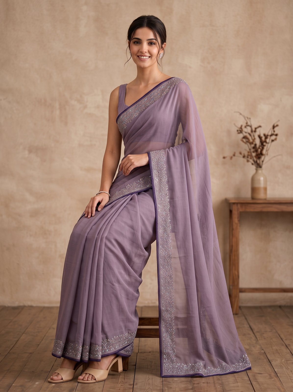 Multicolor Resham Embroidery Saree - Lavender, seated