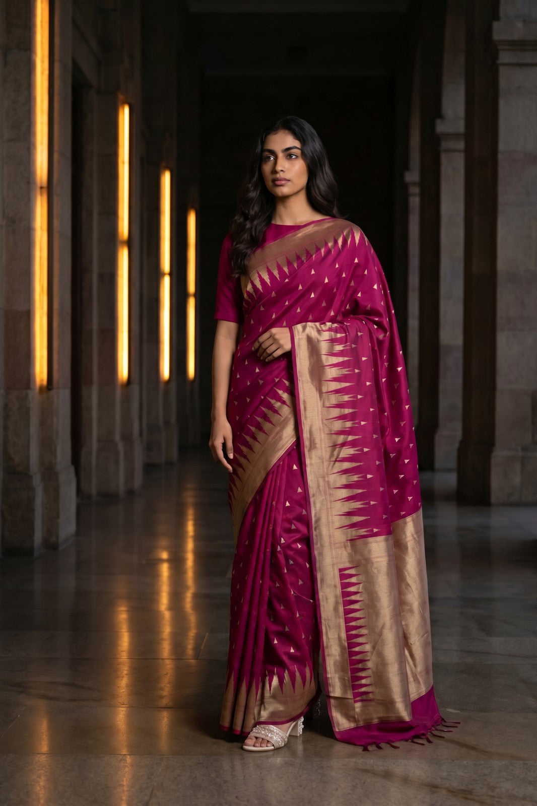 Cotton Silk Temple Border Saree - Magenta, model shot