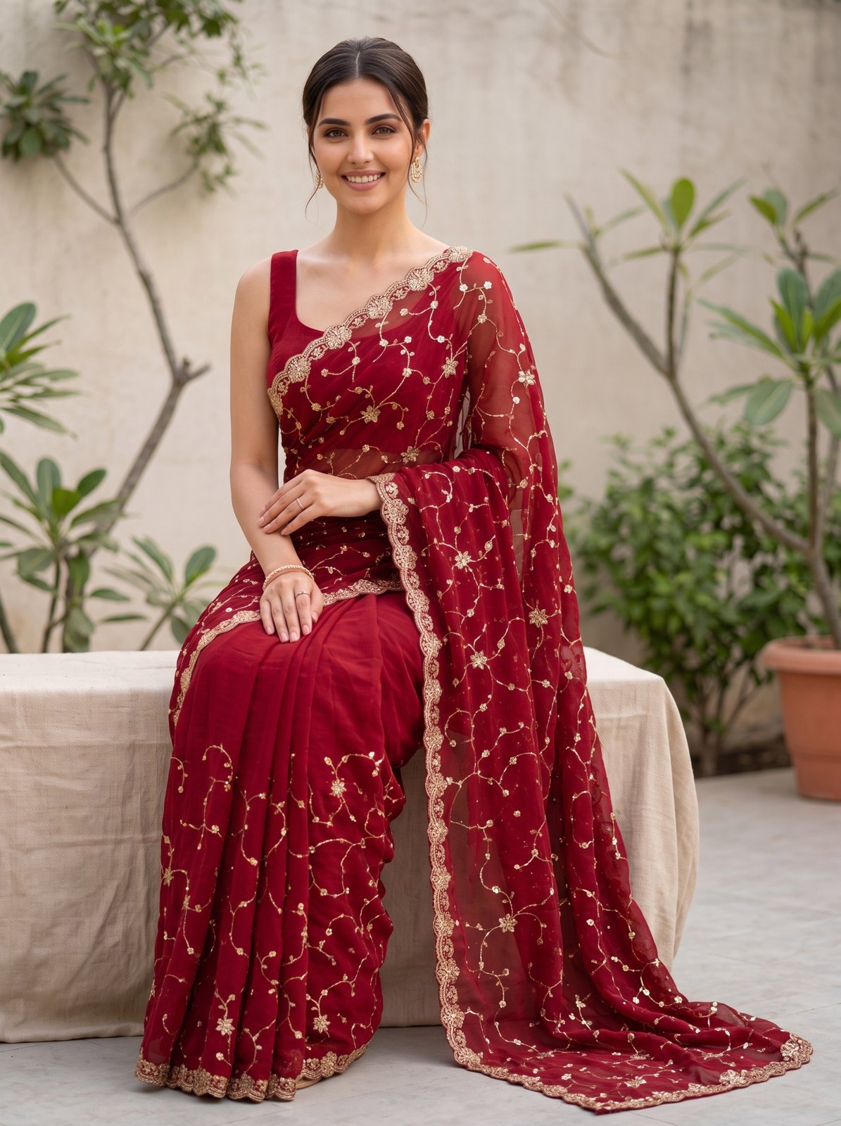 Bel Butta Saree - Maroon, seated