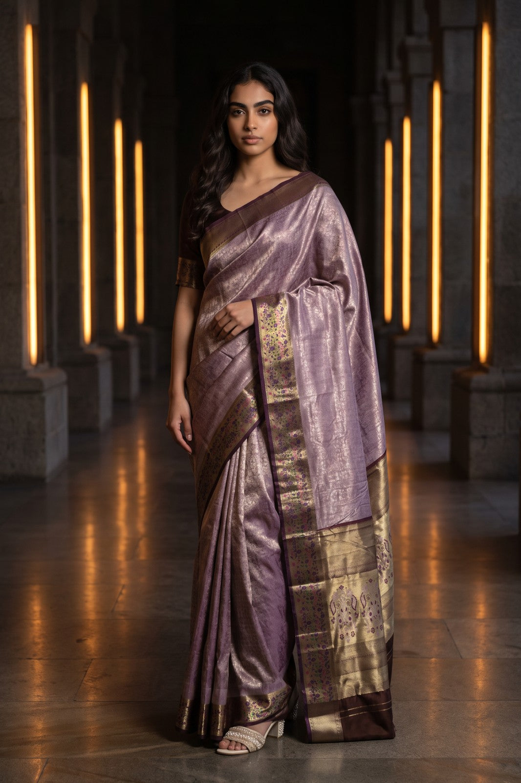 Floral Vine Kanjivaram-Paithani Style Saree - Mauve, on-model shot