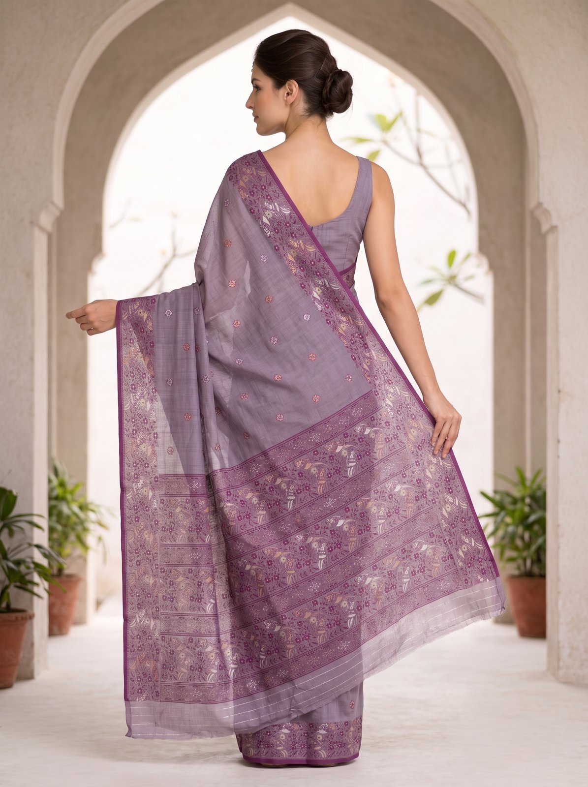 Heritage Cotton Woven Saree - Mauve, model back