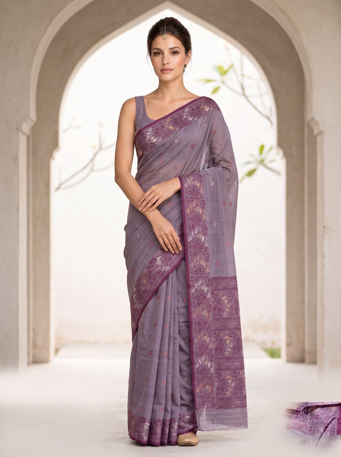 Heritage Cotton Woven Saree - Mauve, model front