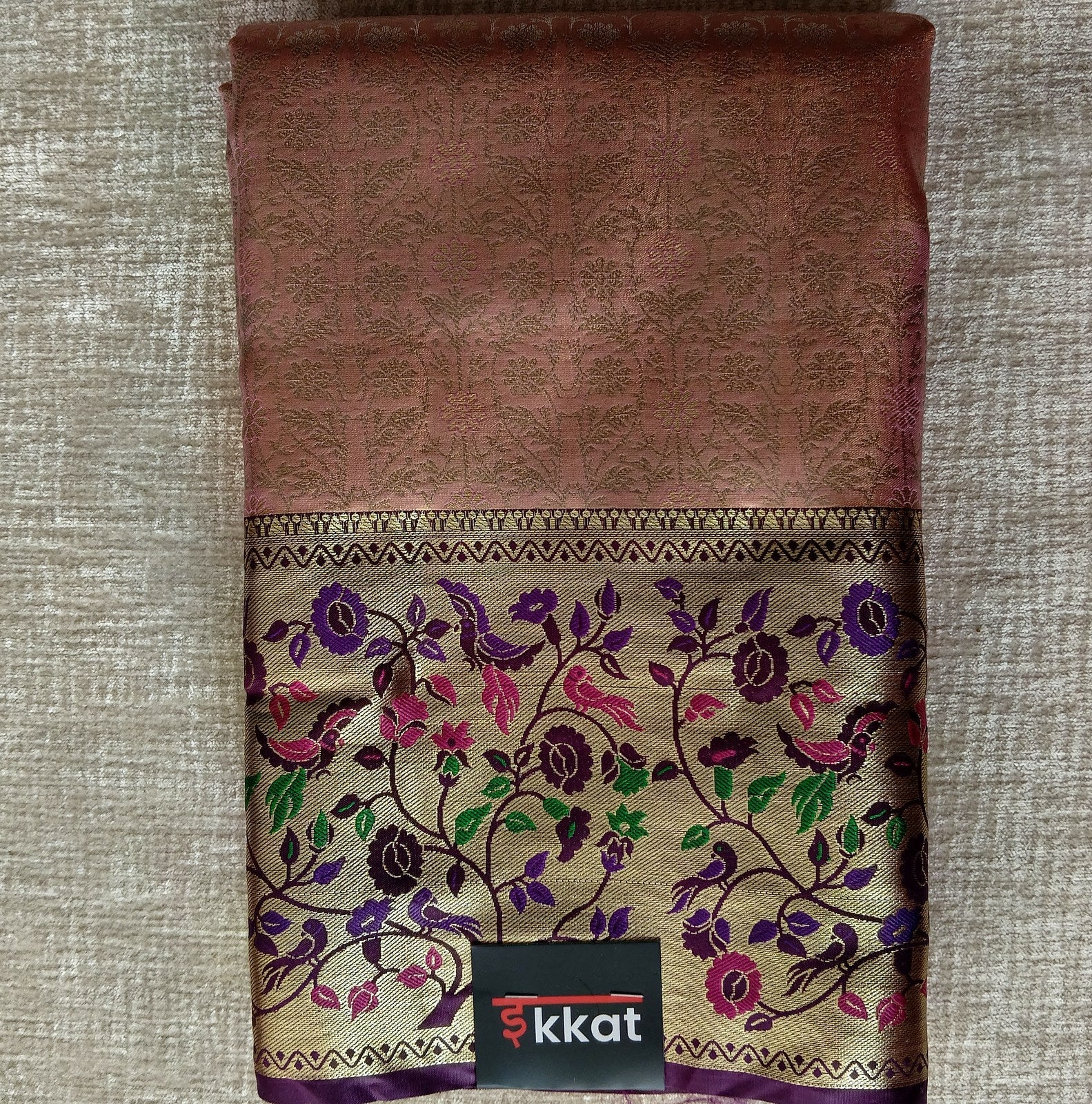Floral Vine Kanjivaram-Paithani Style Saree - Mauve, full view