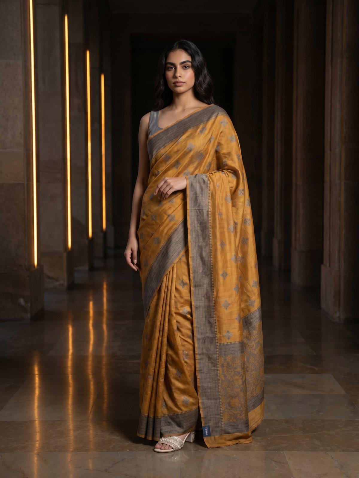 Tussar Jute Silk Saree - Golden Mustard, model shot