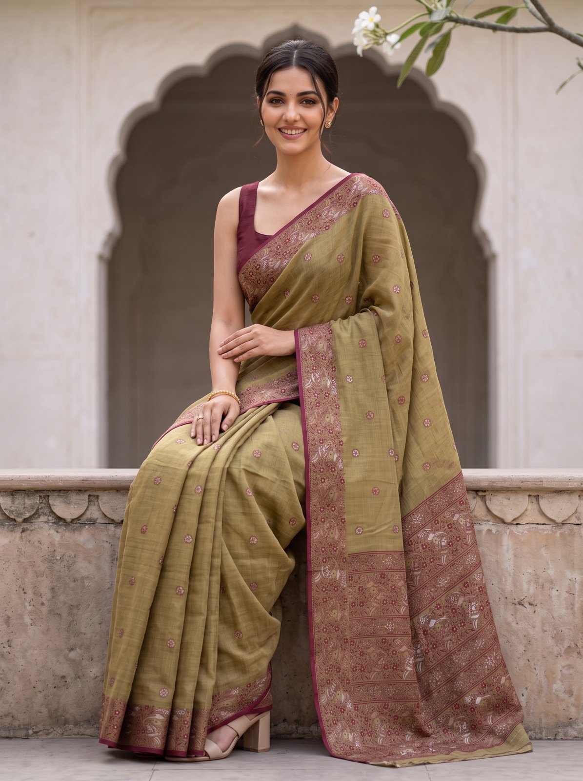 Heritage Cotton Woven Saree - Mustard, model seated