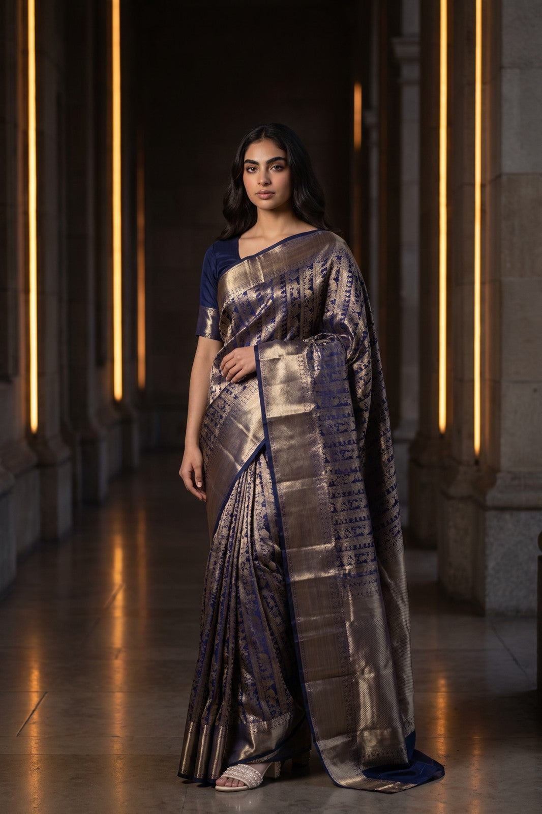 Baluchari-Style Pictorial Saree - Navy Blue, on-model shot