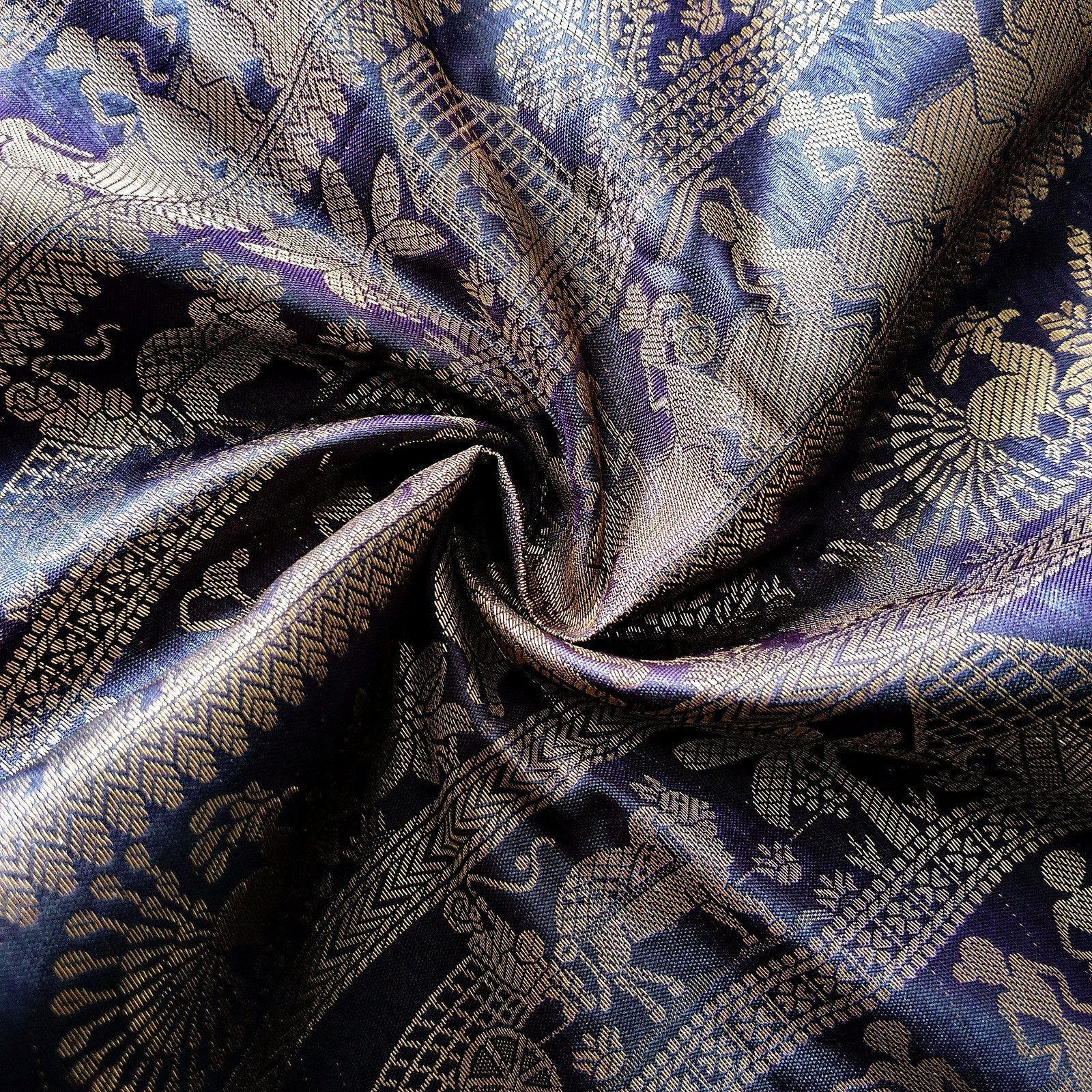 Baluchari-Style Pictorial Saree - Navy Blue, fabric texture