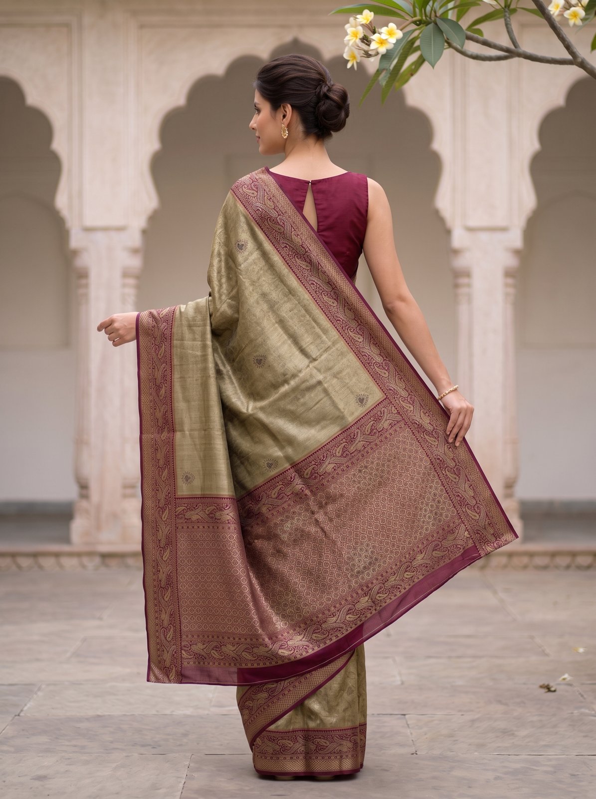 Swarna Mehfil Saree - Olive Gold, back with pallu