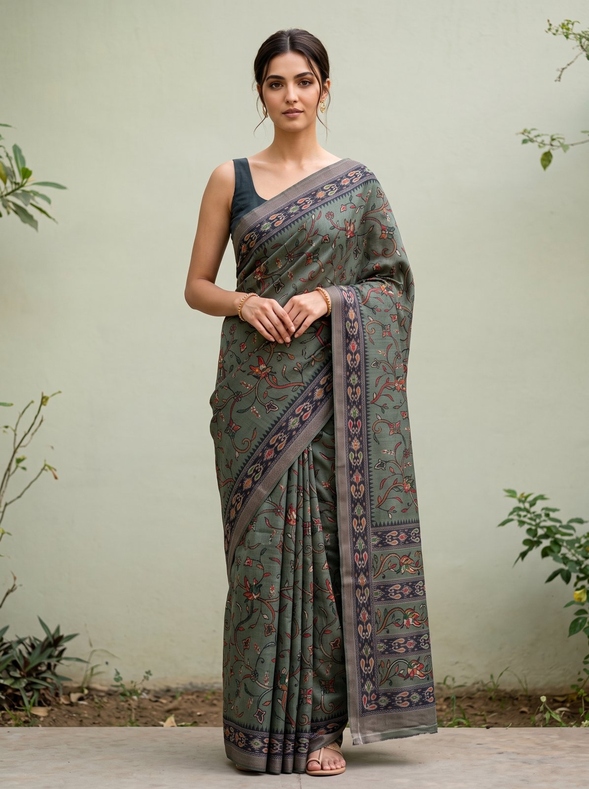 Jangla Jaal Saree - Olive Green, front