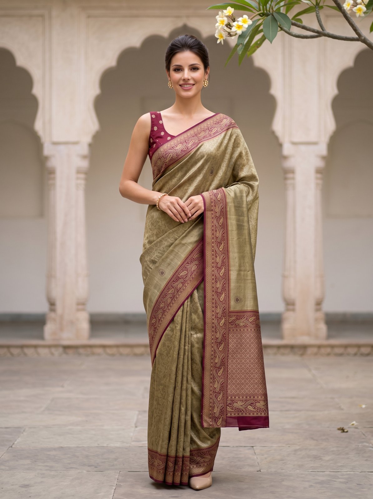 Swarna Mehfil Saree - Olive Gold, front