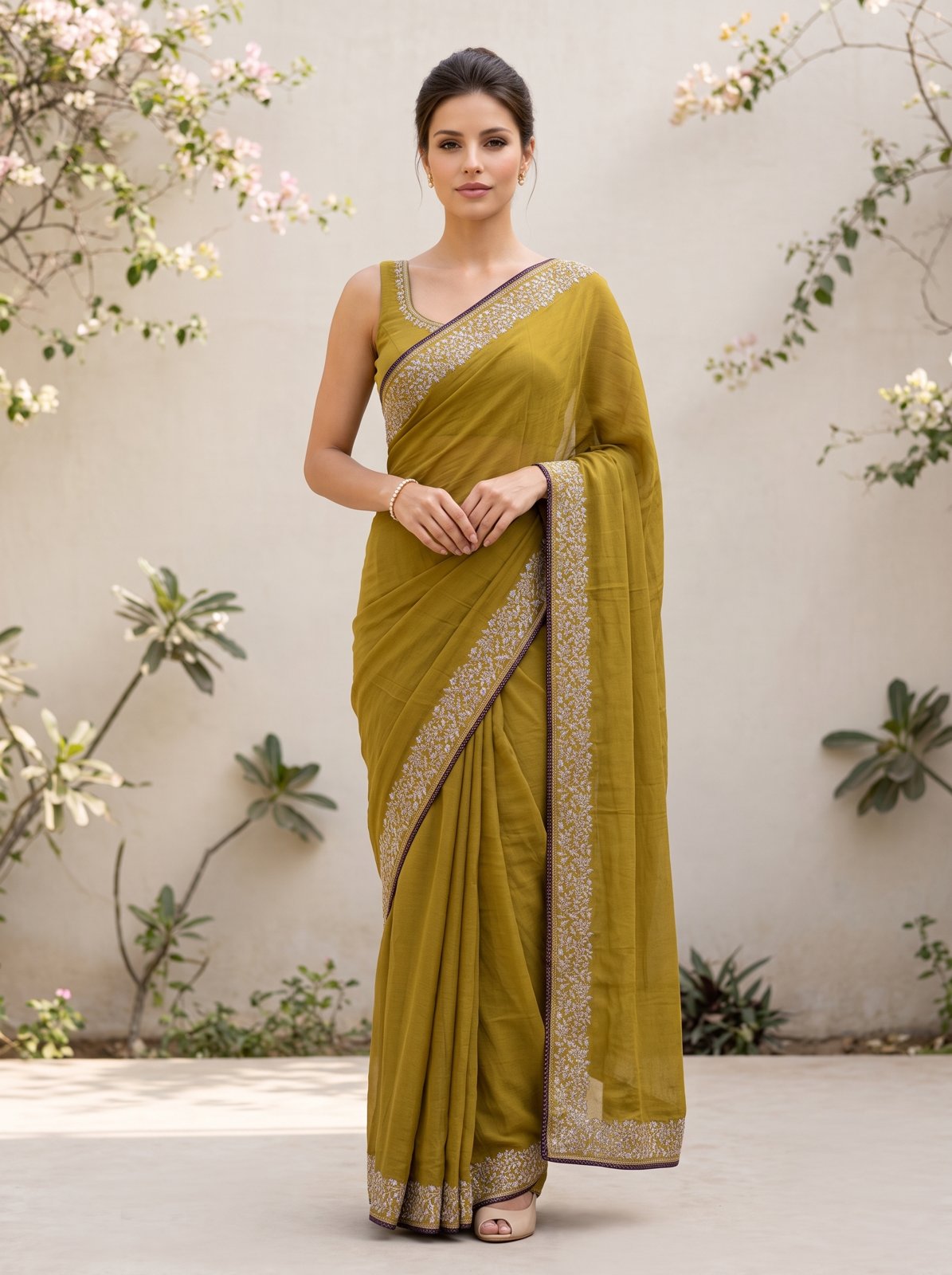 Multicolor Resham Embroidery Saree - Olive, front