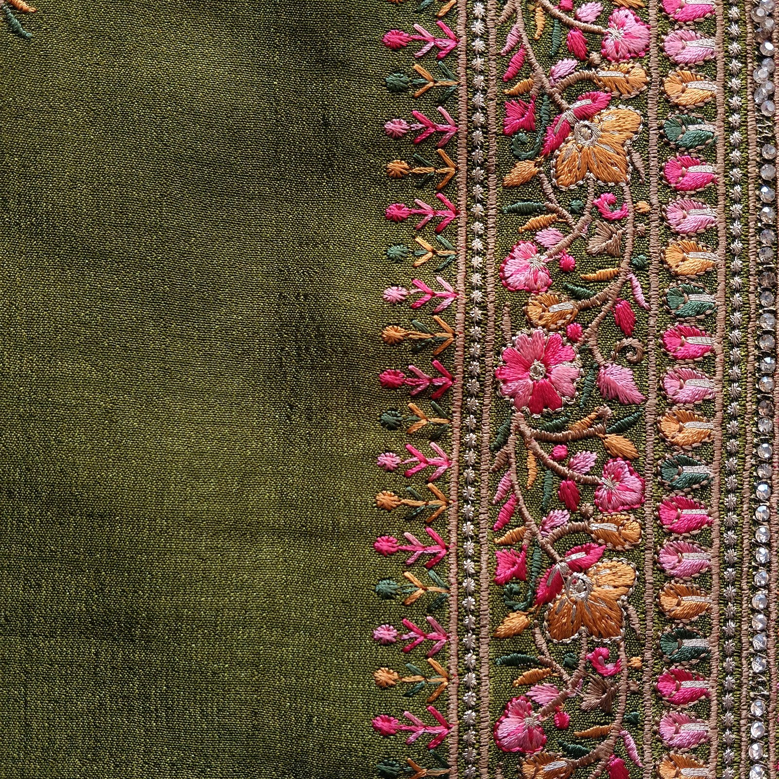 Designer Georgette Saree - Olive Green, border detail