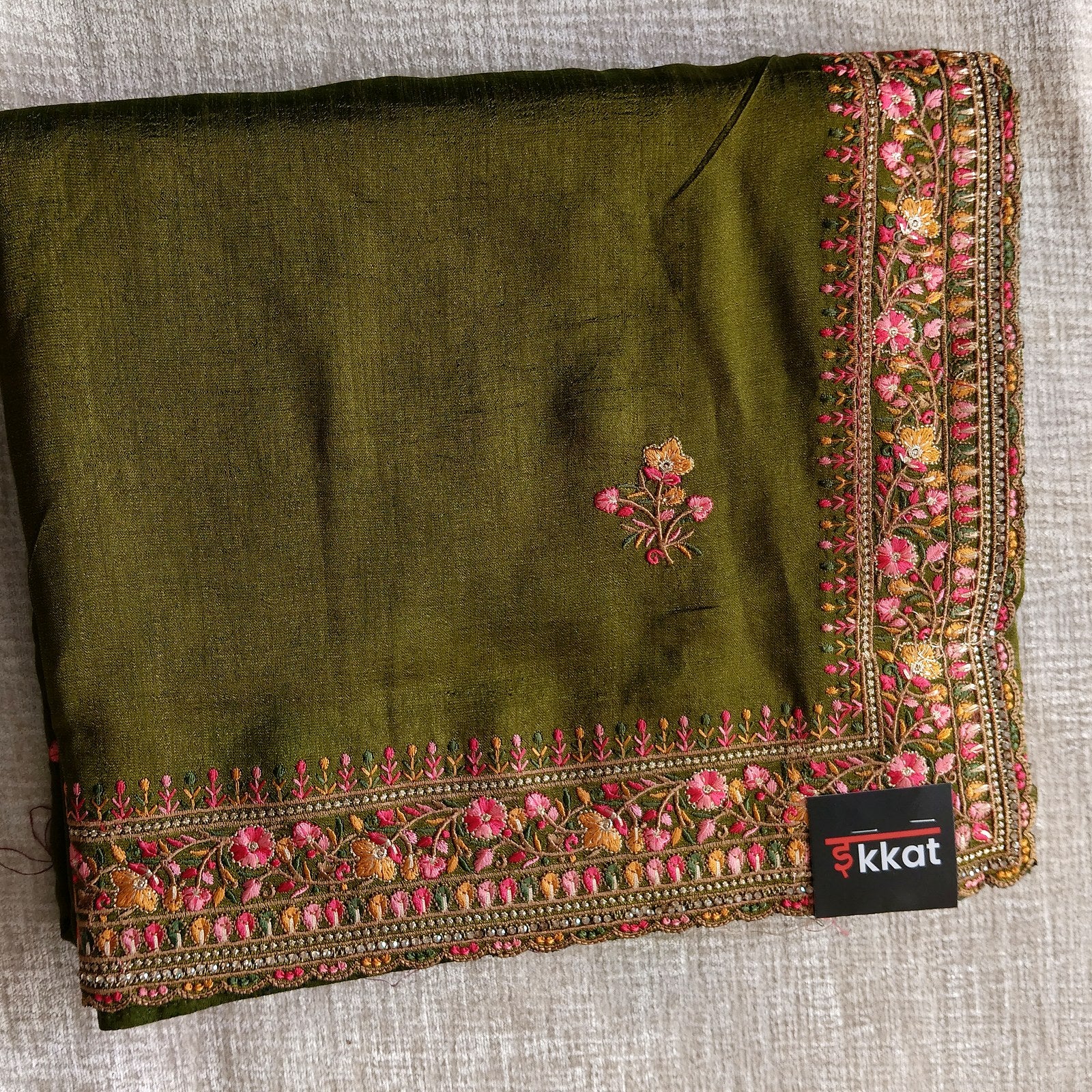 Designer Georgette Saree - Olive Green, full view