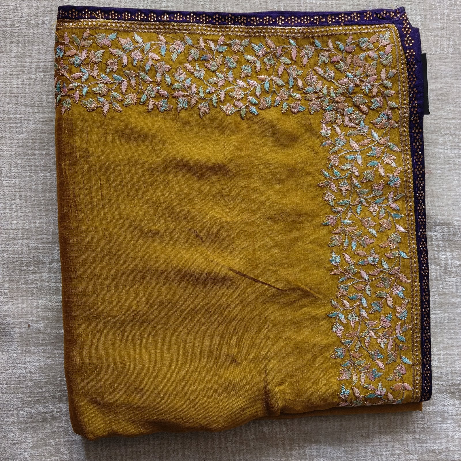 Multicolor Resham Embroidery Saree - Olive, fabric overview