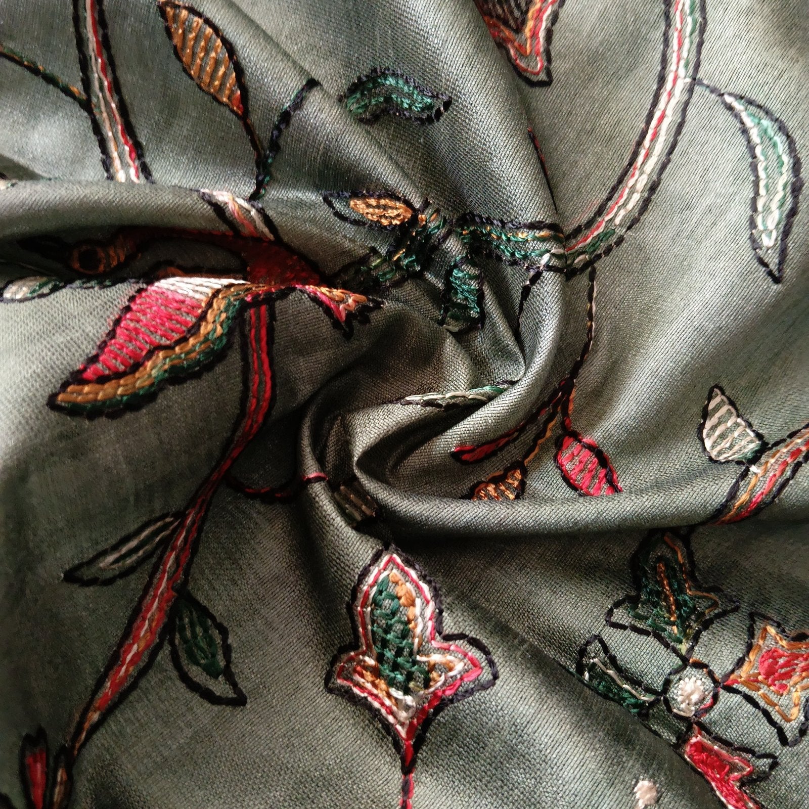 Jangla Jaal Saree - Olive Green, fabric texture