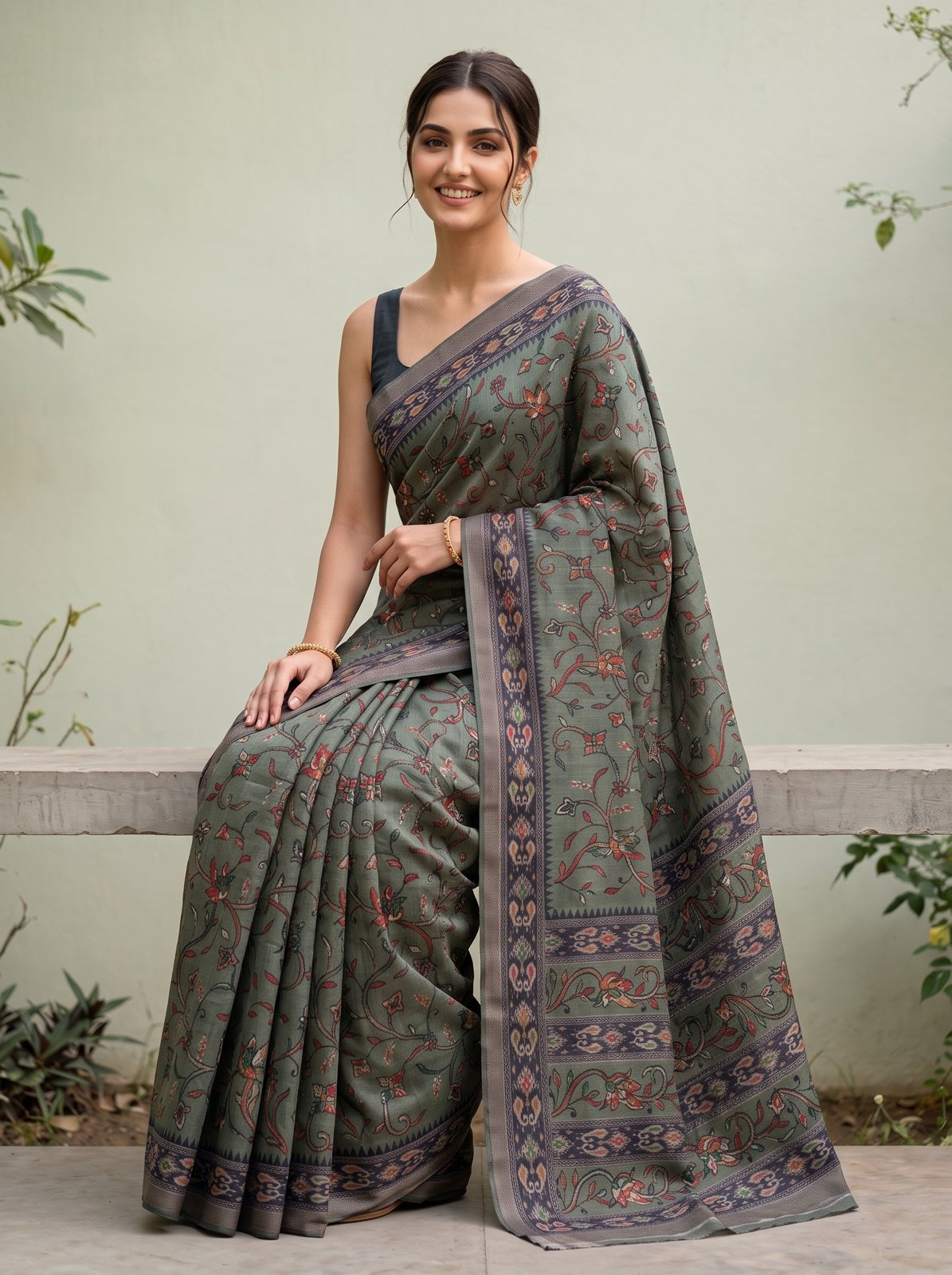 Jangla Jaal Saree - Olive Green, seated