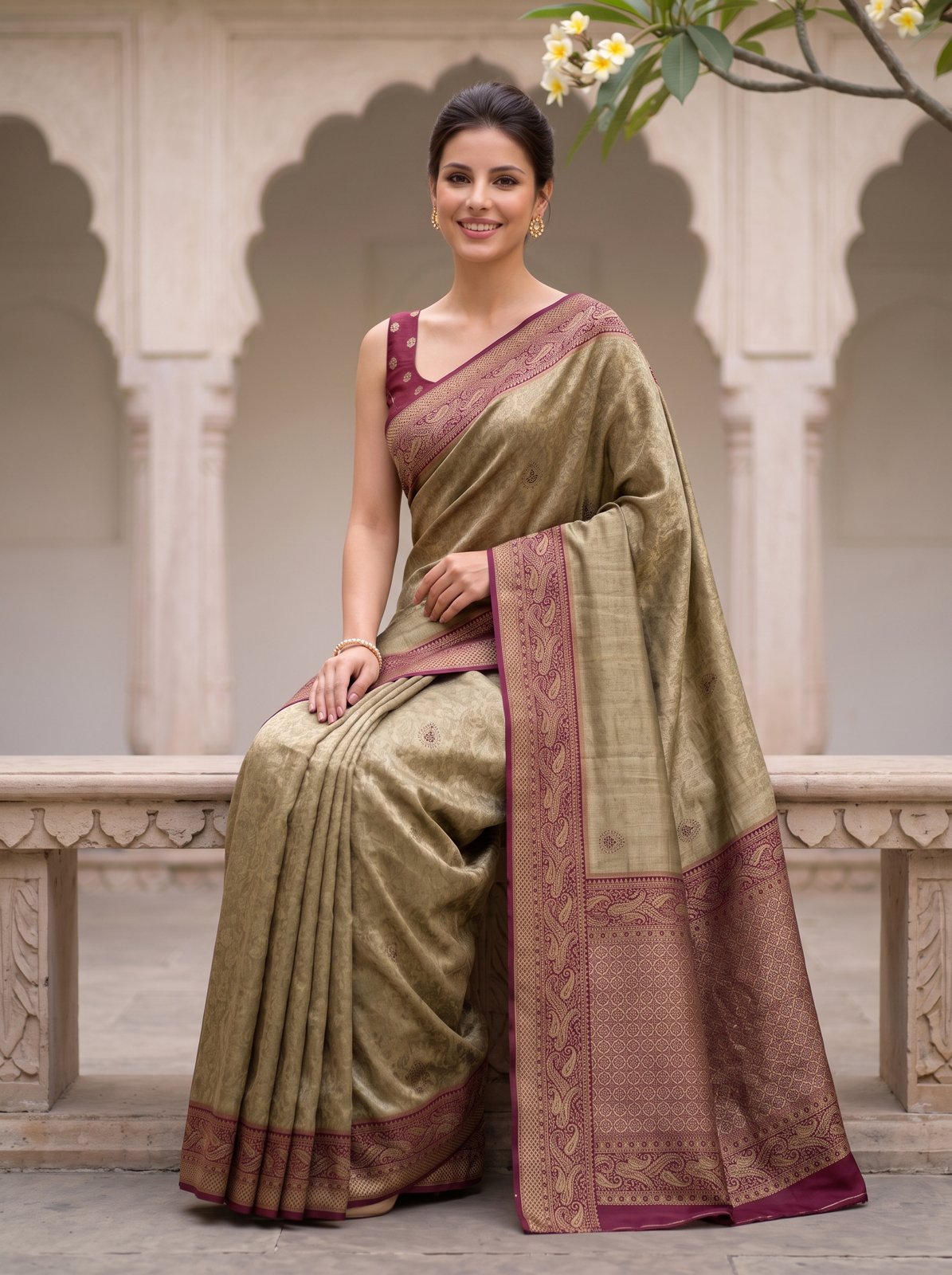 Swarna Mehfil Saree - Olive Gold, seated
