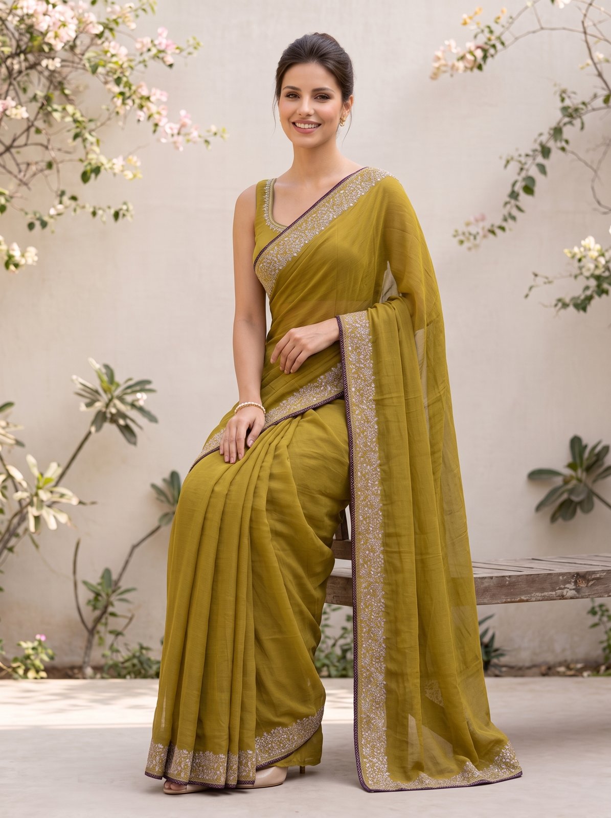Multicolor Resham Embroidery Saree - Olive, seated