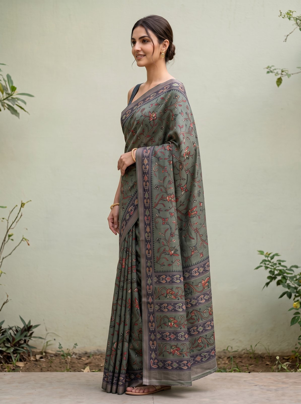Jangla Jaal Saree - Olive Green, side profile
