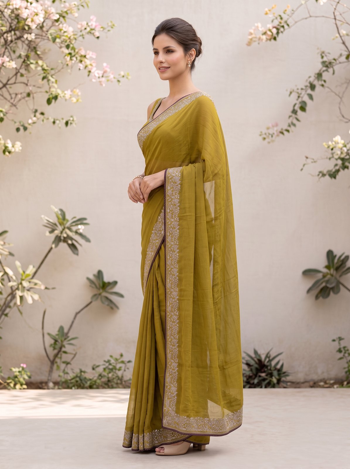 Multicolor Resham Embroidery Saree - Olive, side