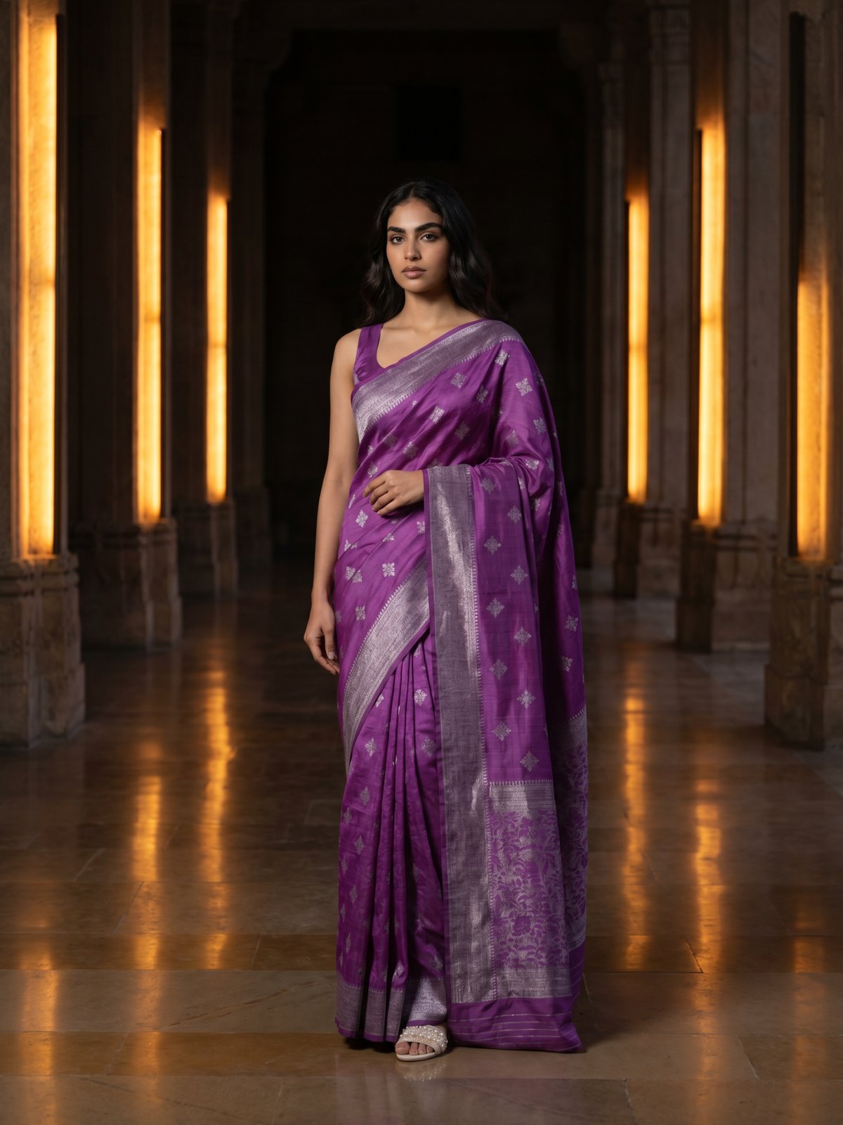 Tussar Jute Silk Saree - Purple, model shot