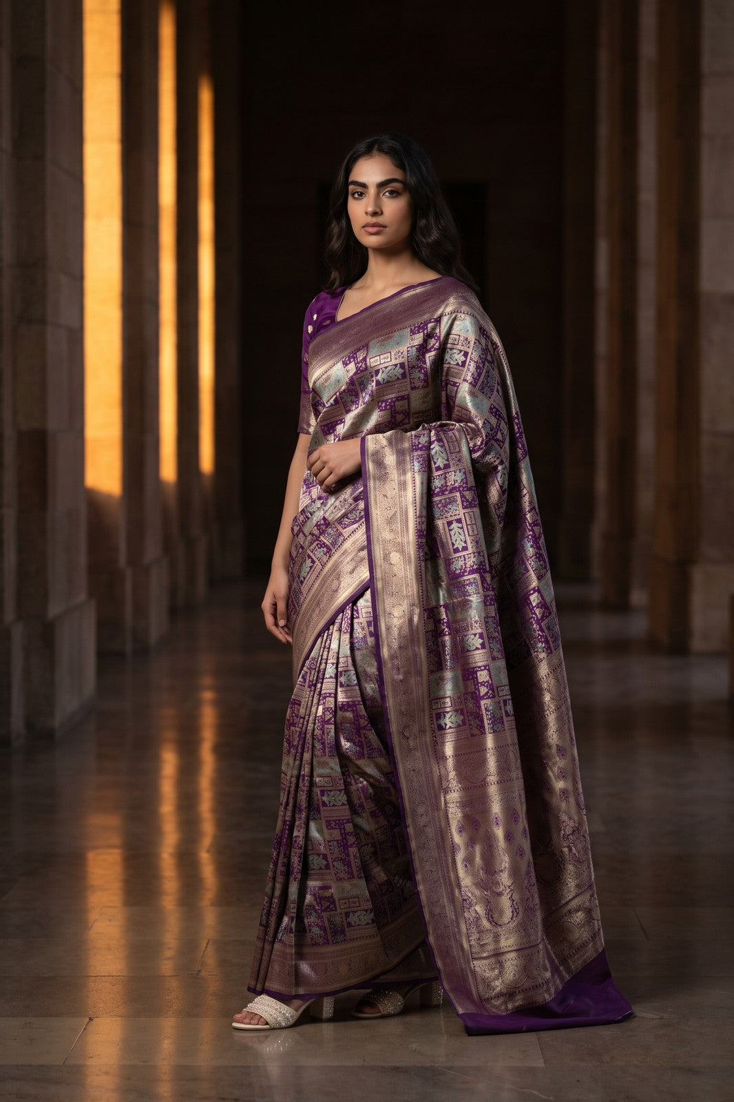 Baluchari-Style Pictorial Saree - Purple, on-model shot